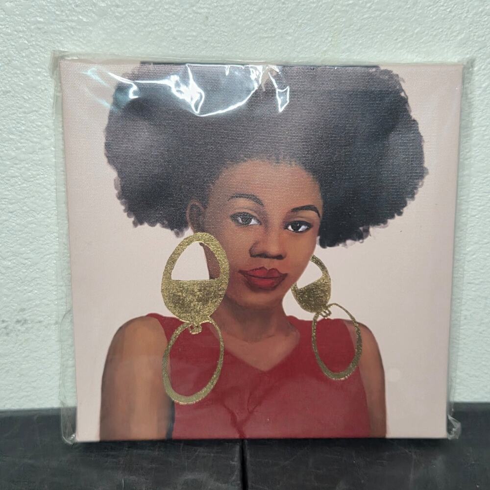 Canvas Wall Art Print - Black Woman with Afro & Gold Hoops